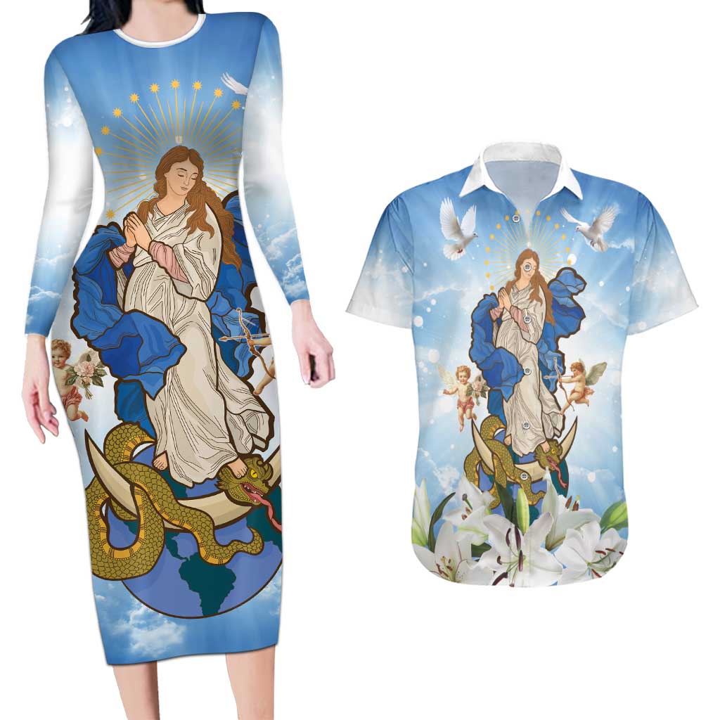 Italy Immaculate Conception Feast Day Couples Matching Long Sleeve Bodycon Dress and Hawaiian Shirt Virgin Mary with Cross And Lily Flower LT19