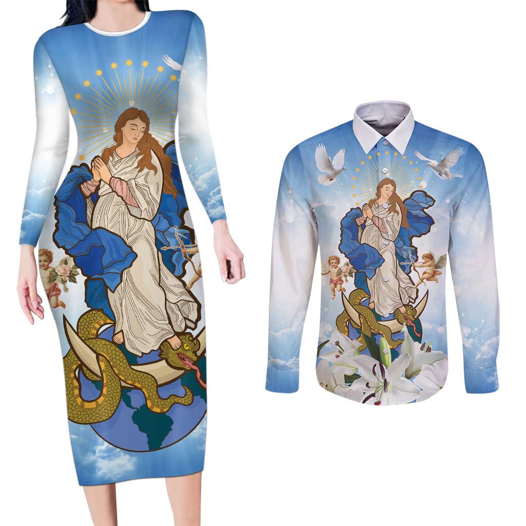 Italy Immaculate Conception Feast Day Couples Matching Long Sleeve Bodycon Dress and Long Sleeve Button Shirt Virgin Mary with Cross And Lily Flower LT19