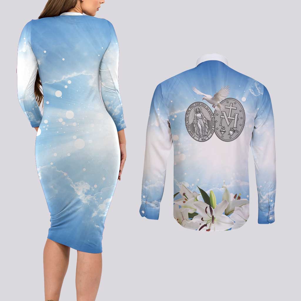 Italy Immaculate Conception Feast Day Couples Matching Long Sleeve Bodycon Dress and Long Sleeve Button Shirt Virgin Mary with Cross And Lily Flower LT19