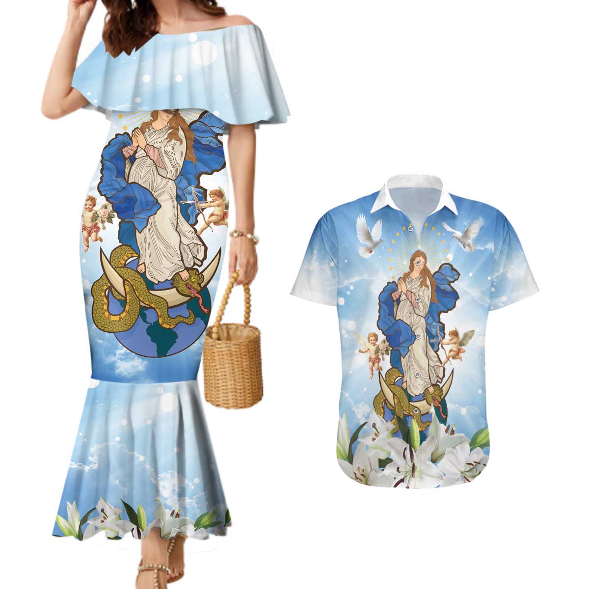 Italy Immaculate Conception Feast Day Couples Matching Mermaid Dress and Hawaiian Shirt Virgin Mary with Cross And Lily Flower LT19