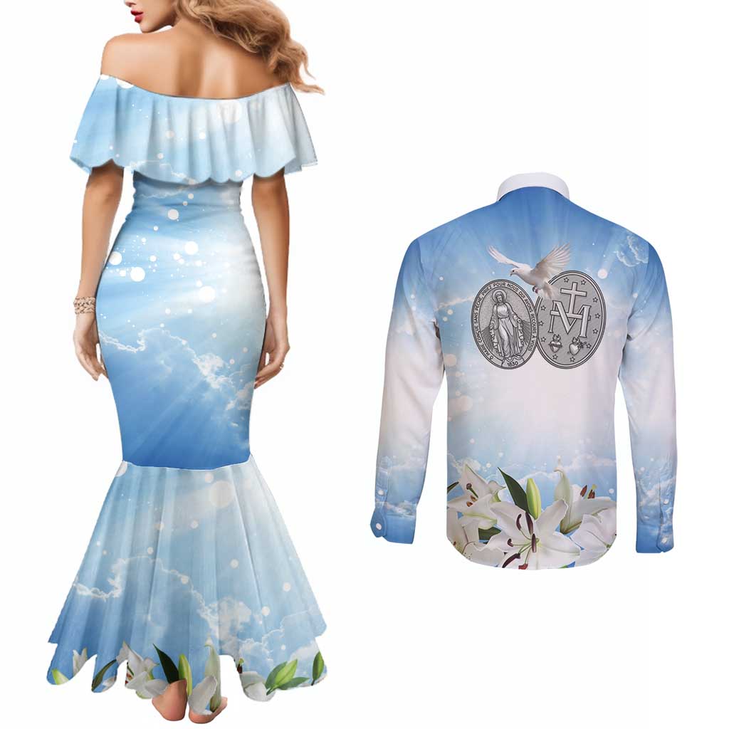 Italy Immaculate Conception Feast Day Couples Matching Mermaid Dress and Long Sleeve Button Shirt Virgin Mary with Cross And Lily Flower LT19