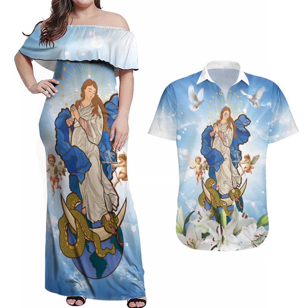 Italy Immaculate Conception Feast Day Couples Matching Off Shoulder Maxi Dress and Hawaiian Shirt Virgin Mary with Cross And Lily Flower LT19