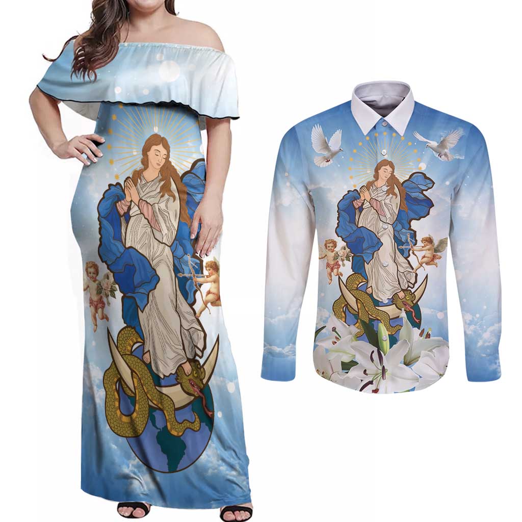 Italy Immaculate Conception Feast Day Couples Matching Off Shoulder Maxi Dress and Long Sleeve Button Shirt Virgin Mary with Cross And Lily Flower LT19