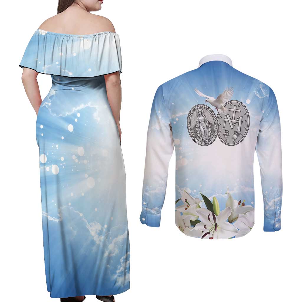 Italy Immaculate Conception Feast Day Couples Matching Off Shoulder Maxi Dress and Long Sleeve Button Shirt Virgin Mary with Cross And Lily Flower LT19