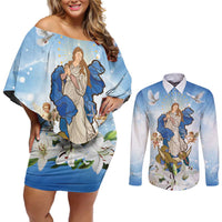 Italy Immaculate Conception Feast Day Couples Matching Off Shoulder Short Dress and Long Sleeve Button Shirt Virgin Mary with Cross And Lily Flower LT19
