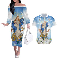 Italy Immaculate Conception Feast Day Couples Matching Off The Shoulder Long Sleeve Dress and Hawaiian Shirt Virgin Mary with Cross And Lily Flower LT19