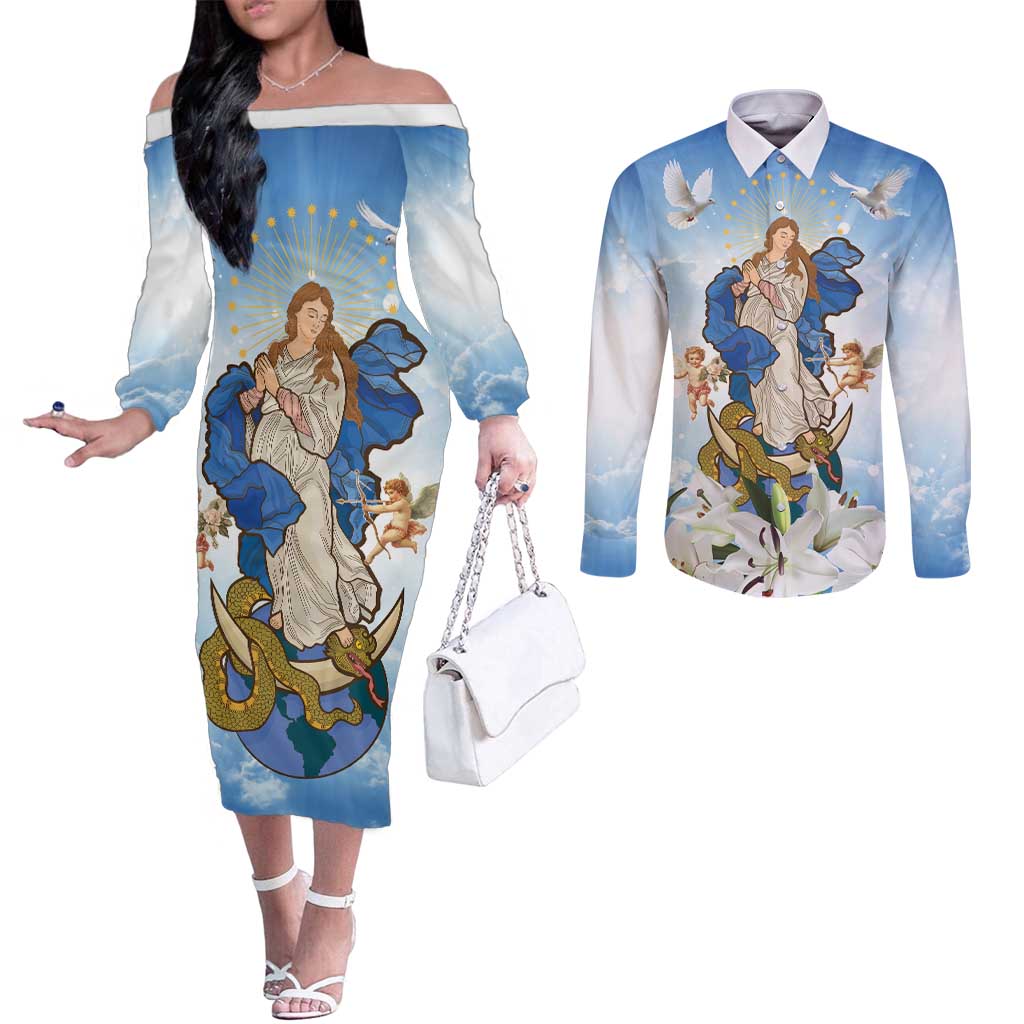 Italy Immaculate Conception Feast Day Couples Matching Off The Shoulder Long Sleeve Dress and Long Sleeve Button Shirt Virgin Mary with Cross And Lily Flower LT19