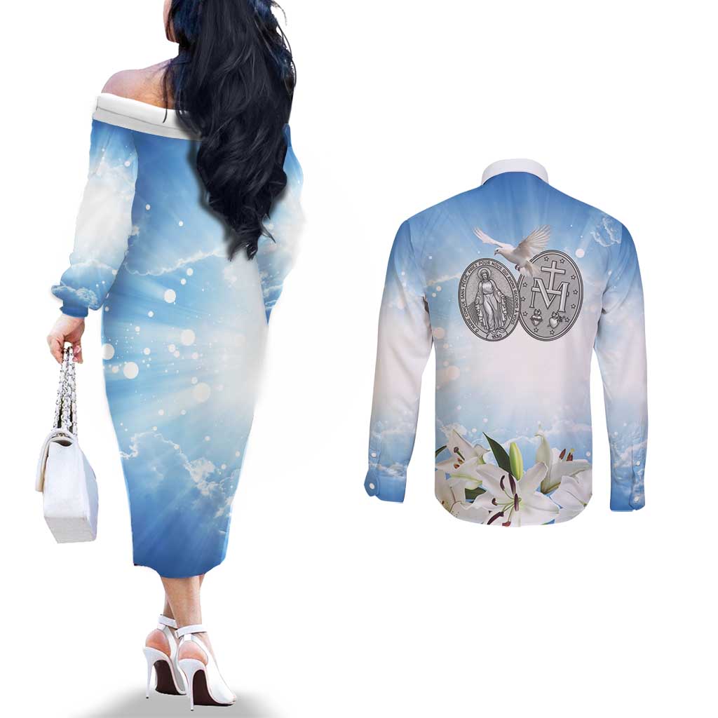 Italy Immaculate Conception Feast Day Couples Matching Off The Shoulder Long Sleeve Dress and Long Sleeve Button Shirt Virgin Mary with Cross And Lily Flower LT19