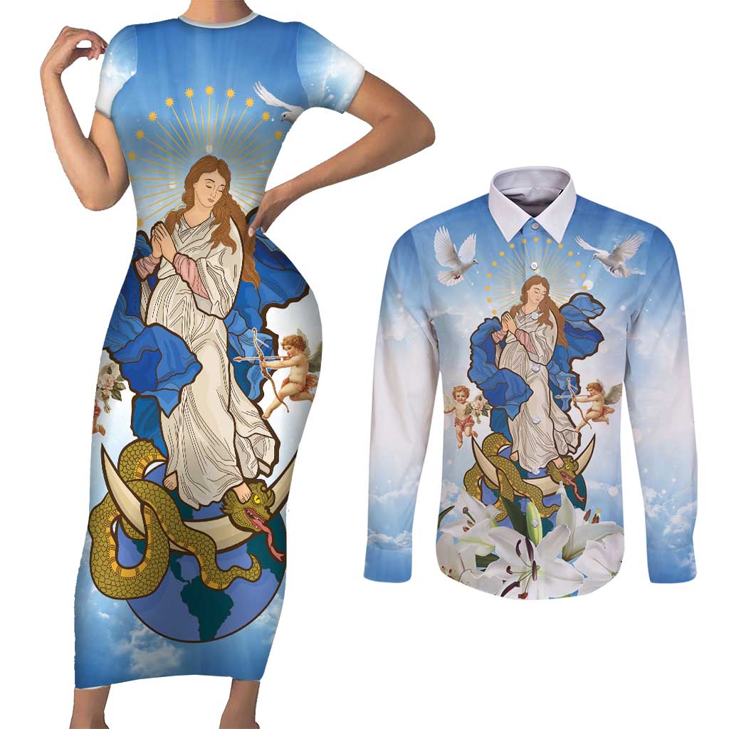 Italy Immaculate Conception Feast Day Couples Matching Short Sleeve Bodycon Dress and Long Sleeve Button Shirt Virgin Mary with Cross And Lily Flower LT19
