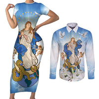 Italy Immaculate Conception Feast Day Couples Matching Short Sleeve Bodycon Dress and Long Sleeve Button Shirt Virgin Mary with Cross And Lily Flower LT19