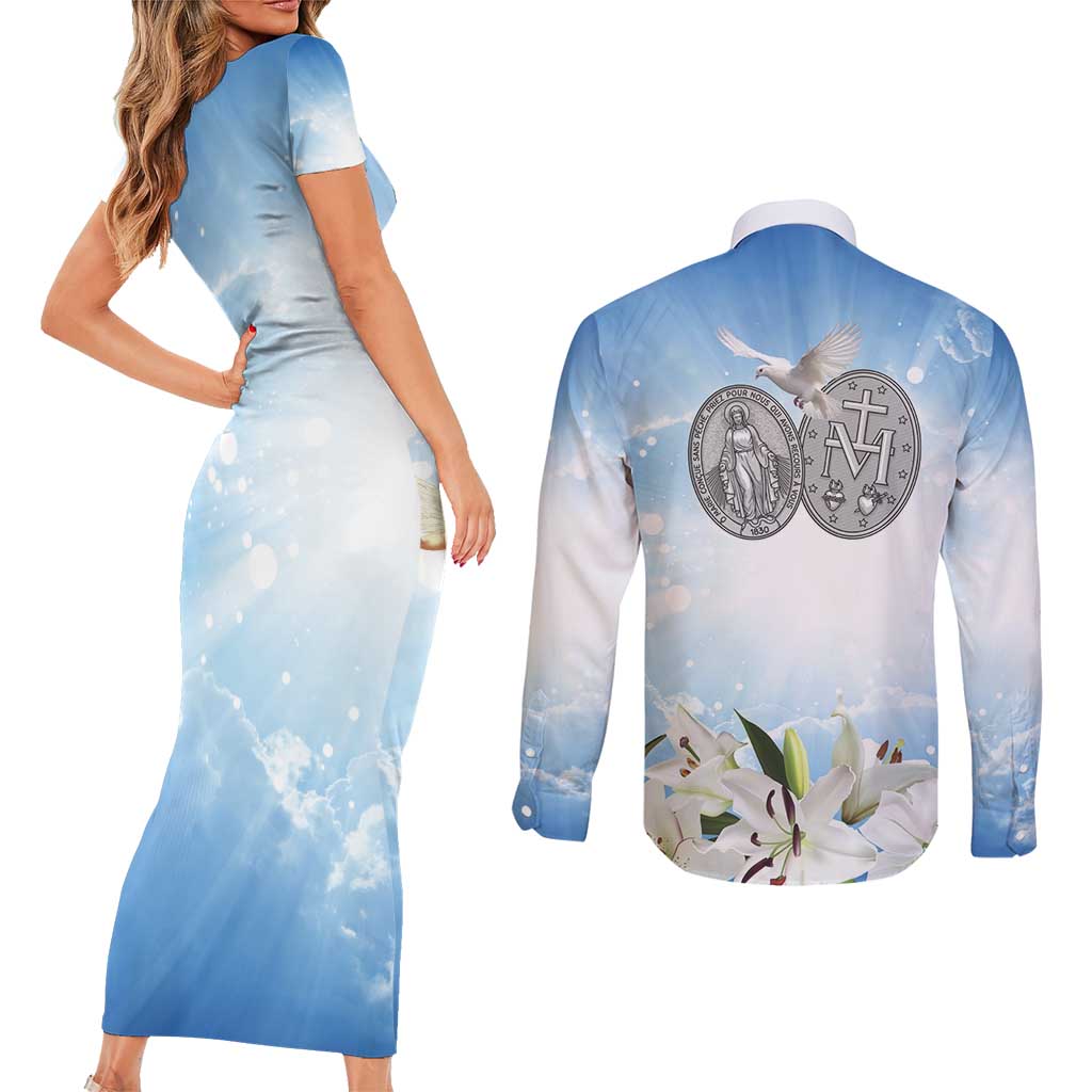 Italy Immaculate Conception Feast Day Couples Matching Short Sleeve Bodycon Dress and Long Sleeve Button Shirt Virgin Mary with Cross And Lily Flower LT19