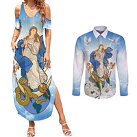 Italy Immaculate Conception Feast Day Couples Matching Summer Maxi Dress and Long Sleeve Button Shirt Virgin Mary with Cross And Lily Flower LT19