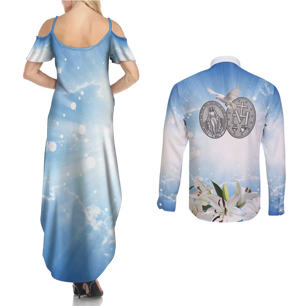 Italy Immaculate Conception Feast Day Couples Matching Summer Maxi Dress and Long Sleeve Button Shirt Virgin Mary with Cross And Lily Flower LT19