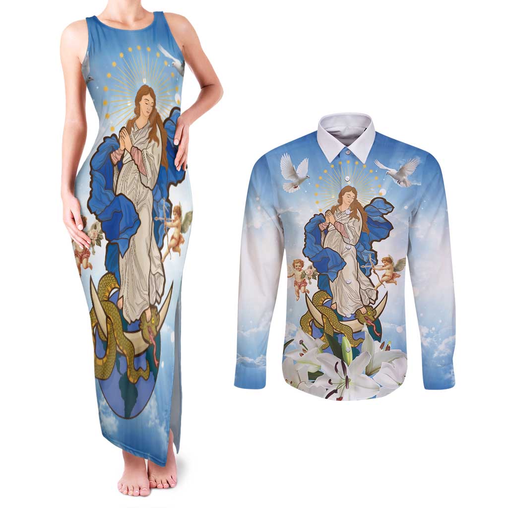 Italy Immaculate Conception Feast Day Couples Matching Tank Maxi Dress and Long Sleeve Button Shirt Virgin Mary with Cross And Lily Flower LT19