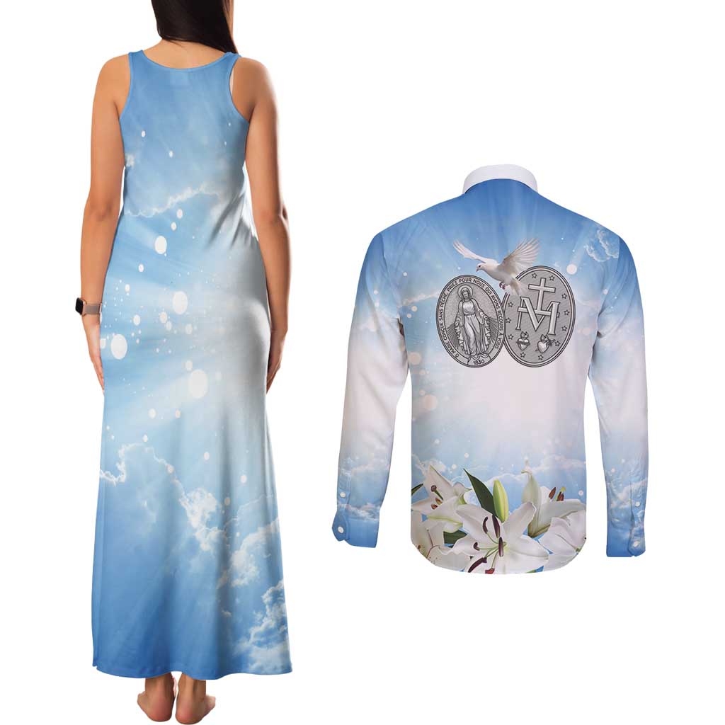 Italy Immaculate Conception Feast Day Couples Matching Tank Maxi Dress and Long Sleeve Button Shirt Virgin Mary with Cross And Lily Flower LT19