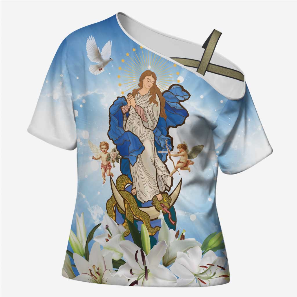 Italy Immaculate Conception Feast Day Cross Shoulder Shirt Virgin Mary with Cross And Lily Flower - Wonder Print Shop