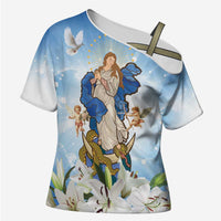 Italy Immaculate Conception Feast Day Cross Shoulder Shirt Virgin Mary with Cross And Lily Flower - Wonder Print Shop