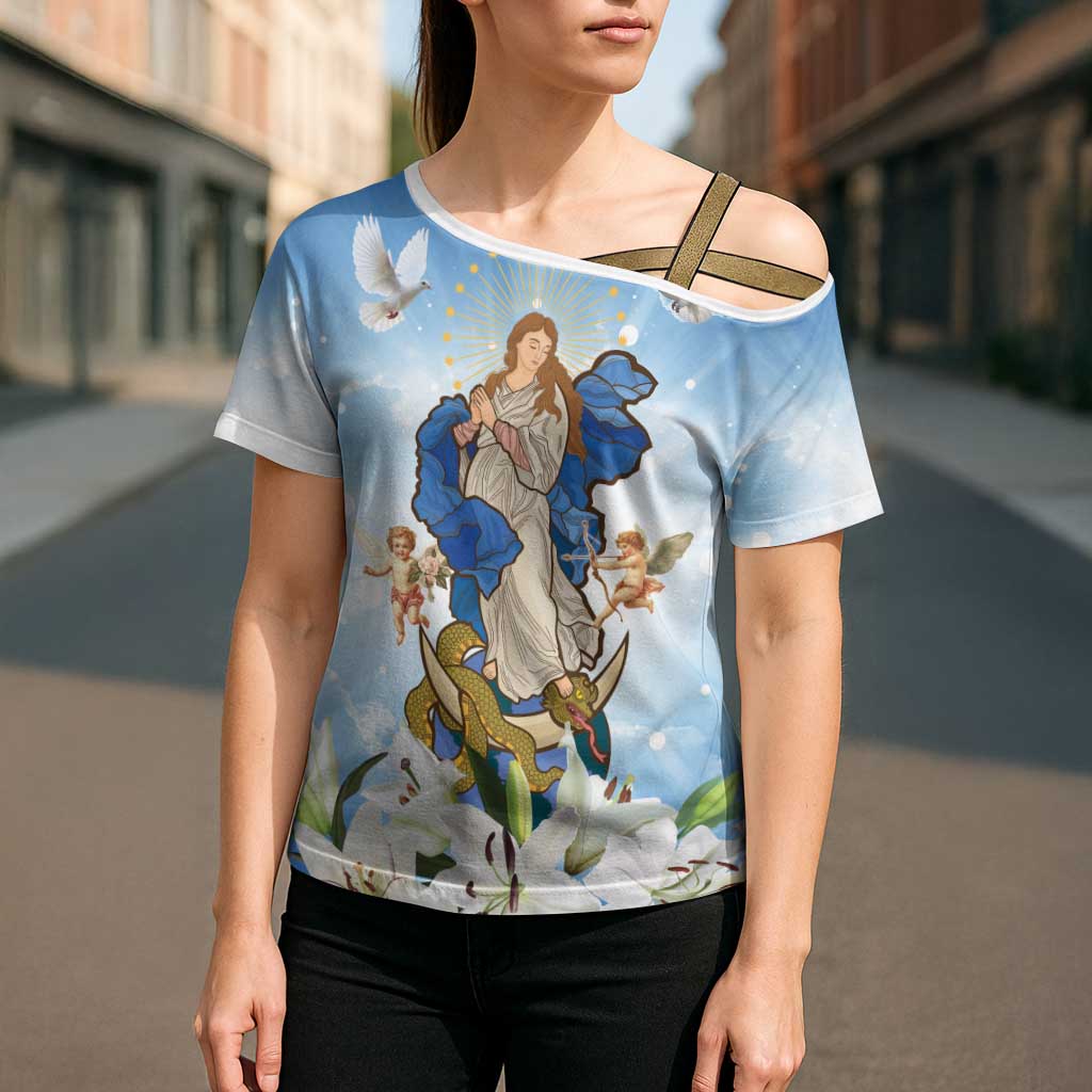 Italy Immaculate Conception Feast Day Cross Shoulder Shirt Virgin Mary with Cross And Lily Flower - Wonder Print Shop