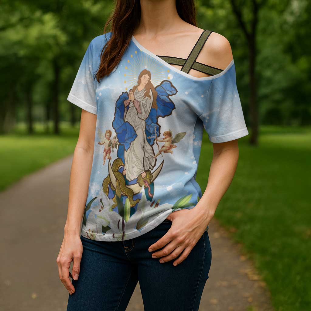 Italy Immaculate Conception Feast Day Cross Shoulder Shirt Virgin Mary with Cross And Lily Flower - Wonder Print Shop