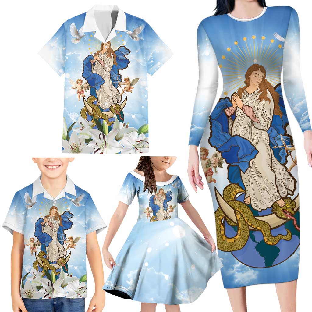 Italy Immaculate Conception Feast Day Family Matching Long Sleeve Bodycon Dress and Hawaiian Shirt Virgin Mary with Cross And Lily Flower LT19