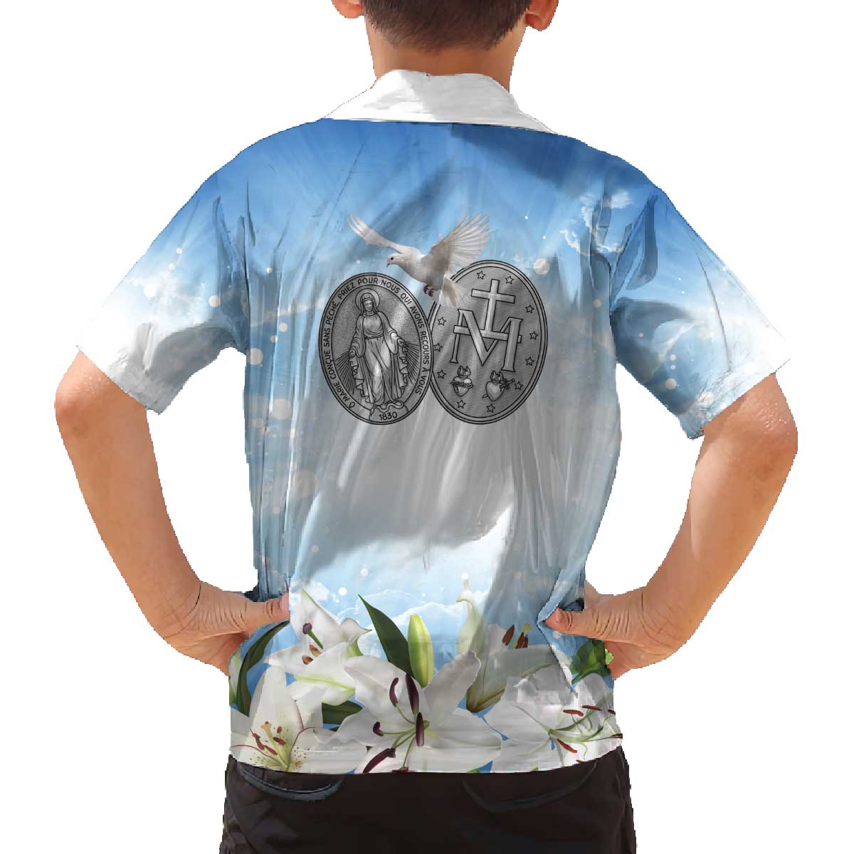 Italy Immaculate Conception Feast Day Family Matching Off The Shoulder Long Sleeve Dress and Hawaiian Shirt Virgin Mary with Cross And Lily Flower LT19