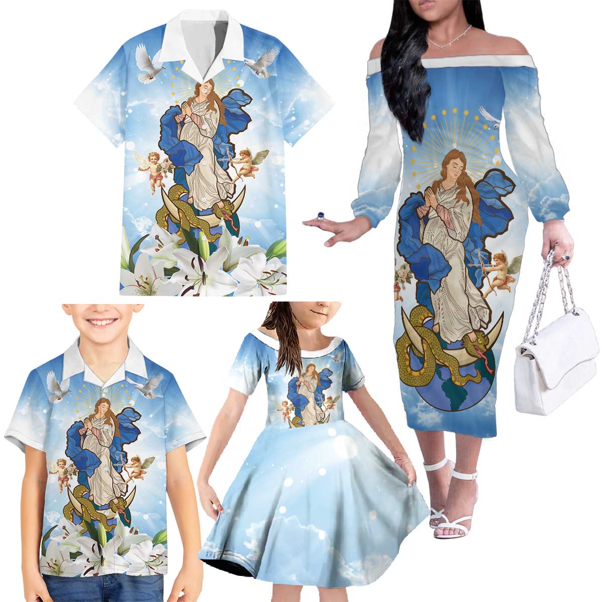 Italy Immaculate Conception Feast Day Family Matching Off The Shoulder Long Sleeve Dress and Hawaiian Shirt Virgin Mary with Cross And Lily Flower LT19