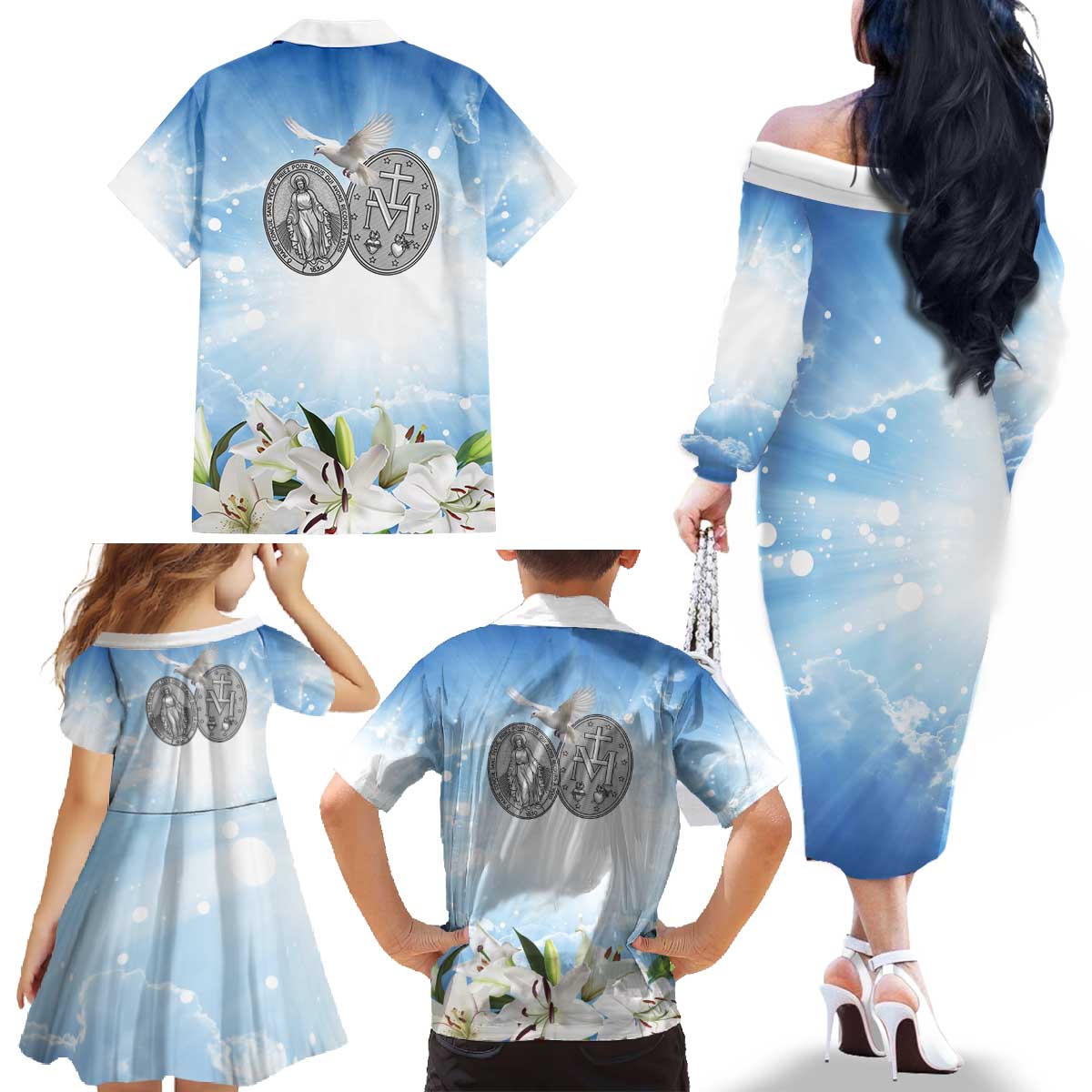 Italy Immaculate Conception Feast Day Family Matching Off The Shoulder Long Sleeve Dress and Hawaiian Shirt Virgin Mary with Cross And Lily Flower LT19