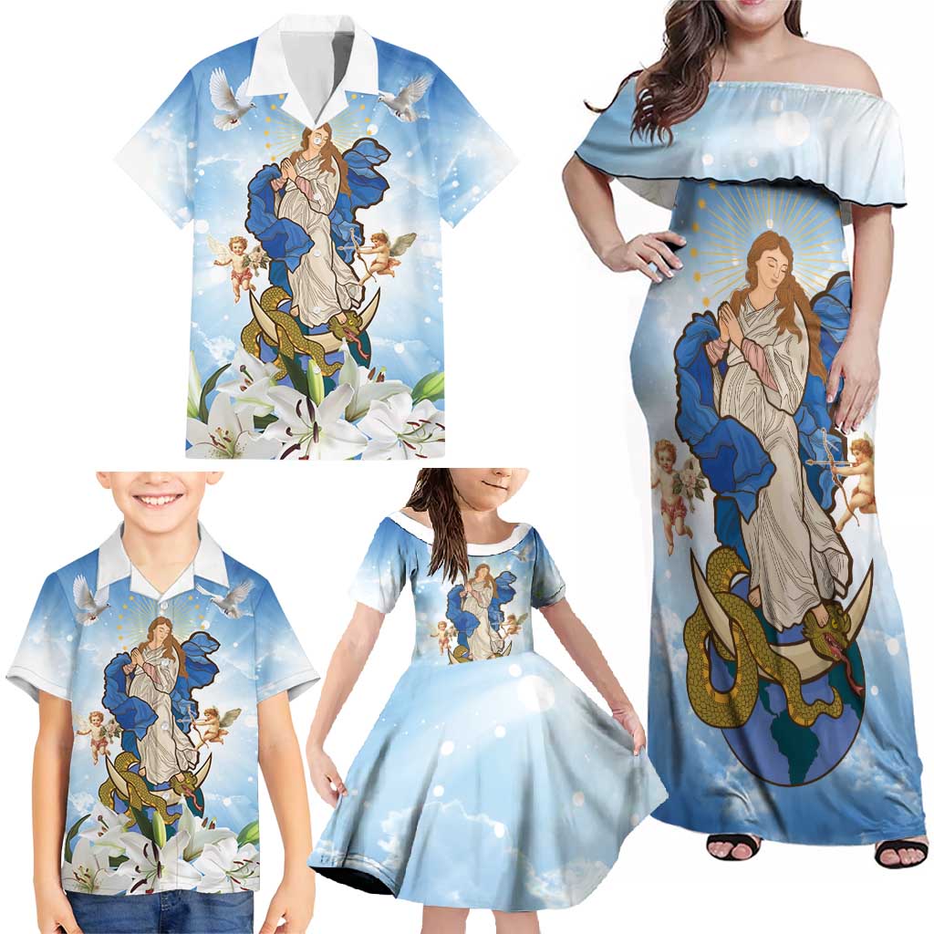 Italy Immaculate Conception Feast Day Family Matching Off Shoulder Maxi Dress and Hawaiian Shirt Virgin Mary with Cross And Lily Flower LT19