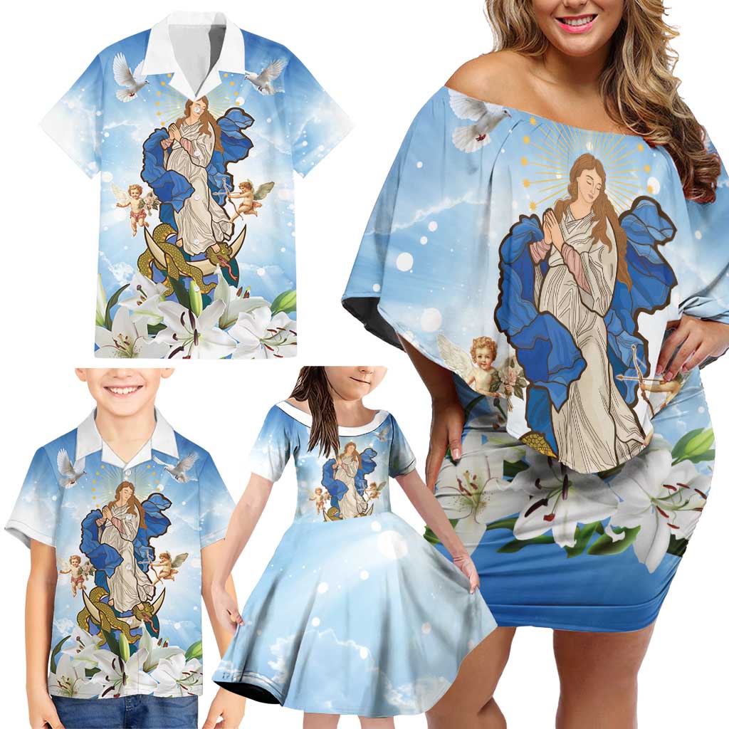 Italy Immaculate Conception Feast Day Family Matching Off Shoulder Short Dress and Hawaiian Shirt Virgin Mary with Cross And Lily Flower LT19