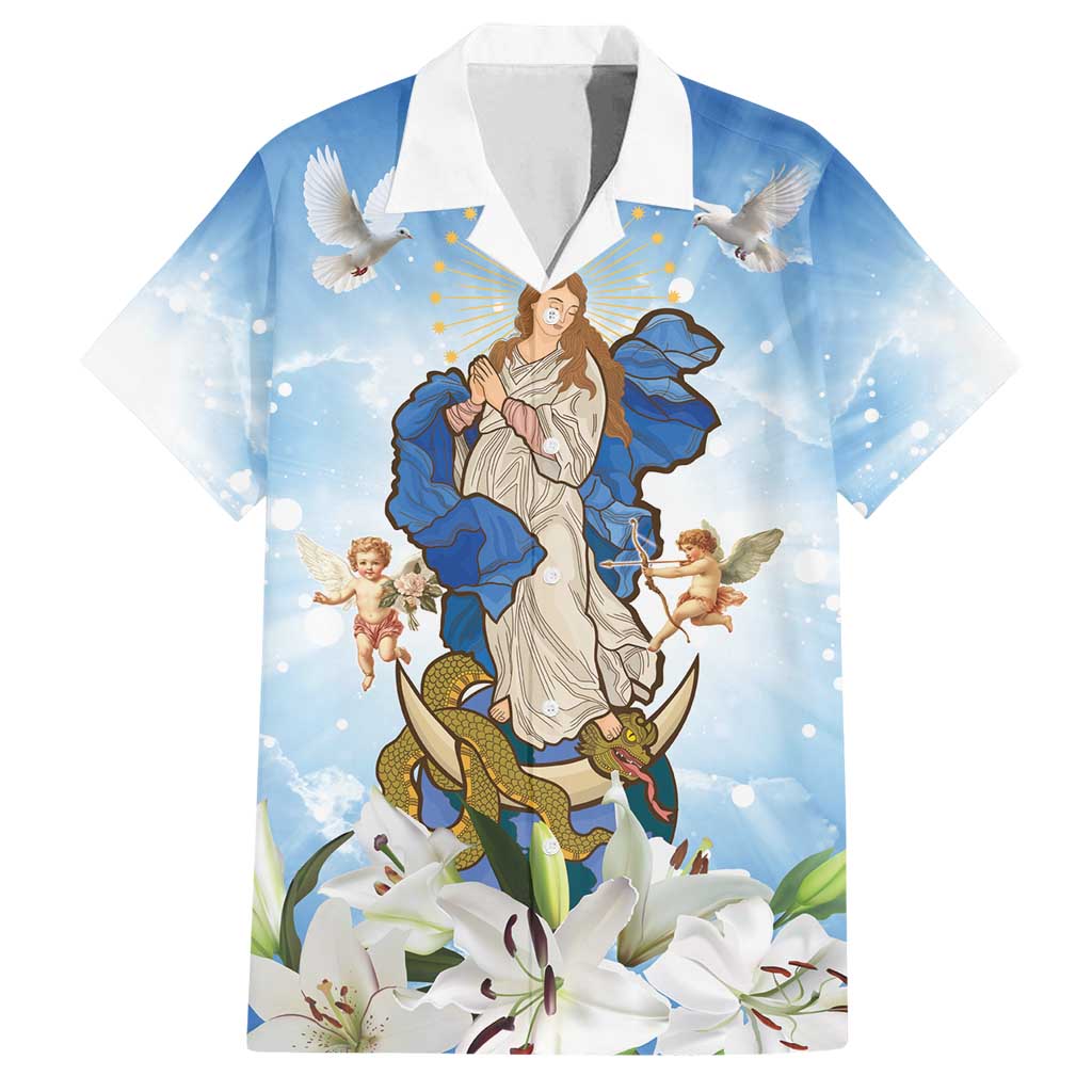 Italy Immaculate Conception Feast Day Family Matching Off Shoulder Short Dress and Hawaiian Shirt Virgin Mary with Cross And Lily Flower LT19