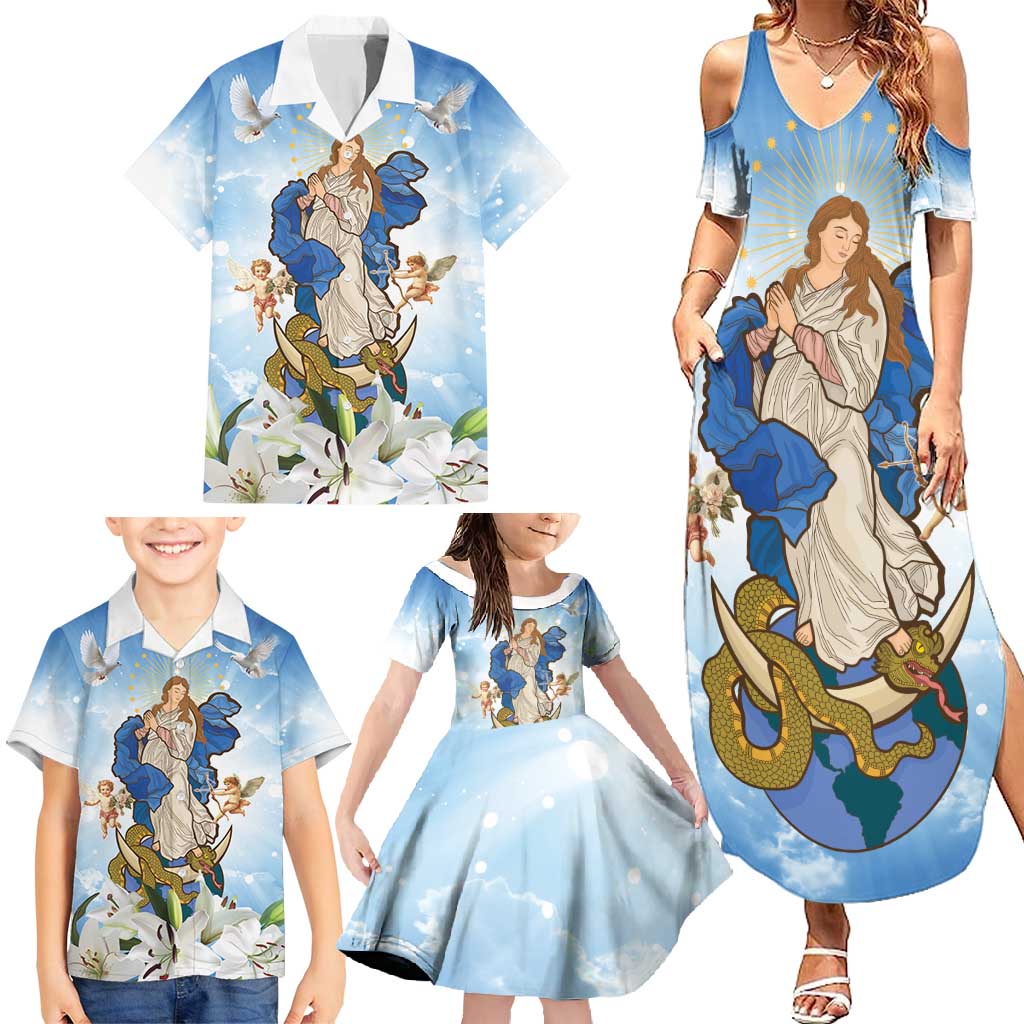 Italy Immaculate Conception Feast Day Family Matching Summer Maxi Dress and Hawaiian Shirt Virgin Mary with Cross And Lily Flower LT19