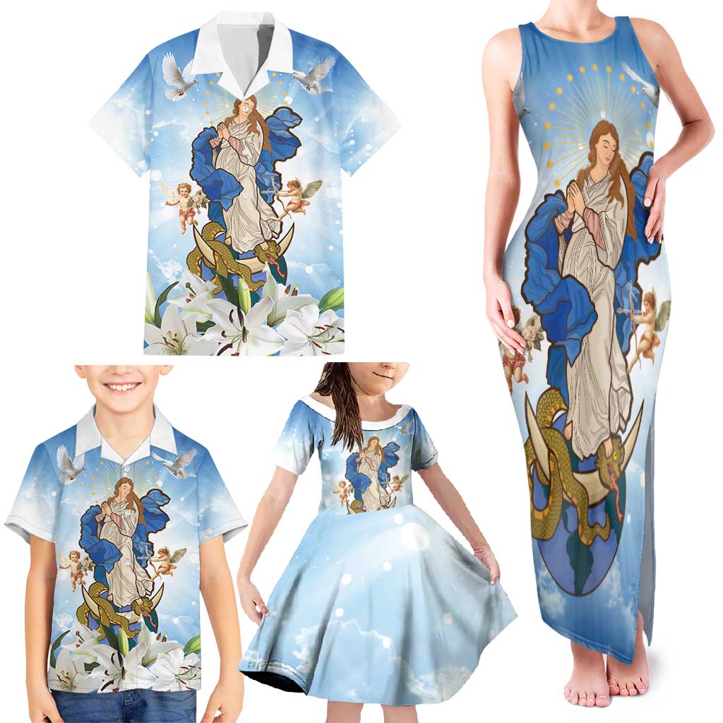 Italy Immaculate Conception Feast Day Family Matching Tank Maxi Dress and Hawaiian Shirt Virgin Mary with Cross And Lily Flower LT19