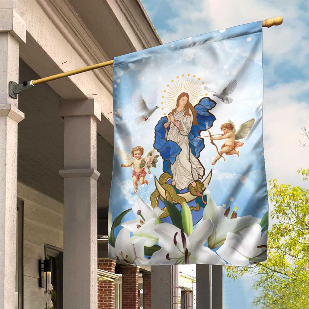 Italy Immaculate Conception Feast Day Garden Flag Virgin Mary with Cross And Lily Flower - Wonder Print Shop