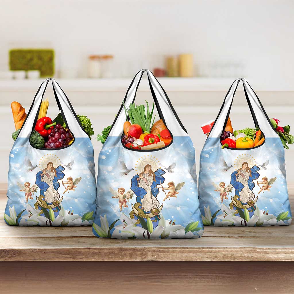 Italy Immaculate Conception Feast Day Grocery Bag Virgin Mary with Cross And Lily Flower - Wonder Print Shop