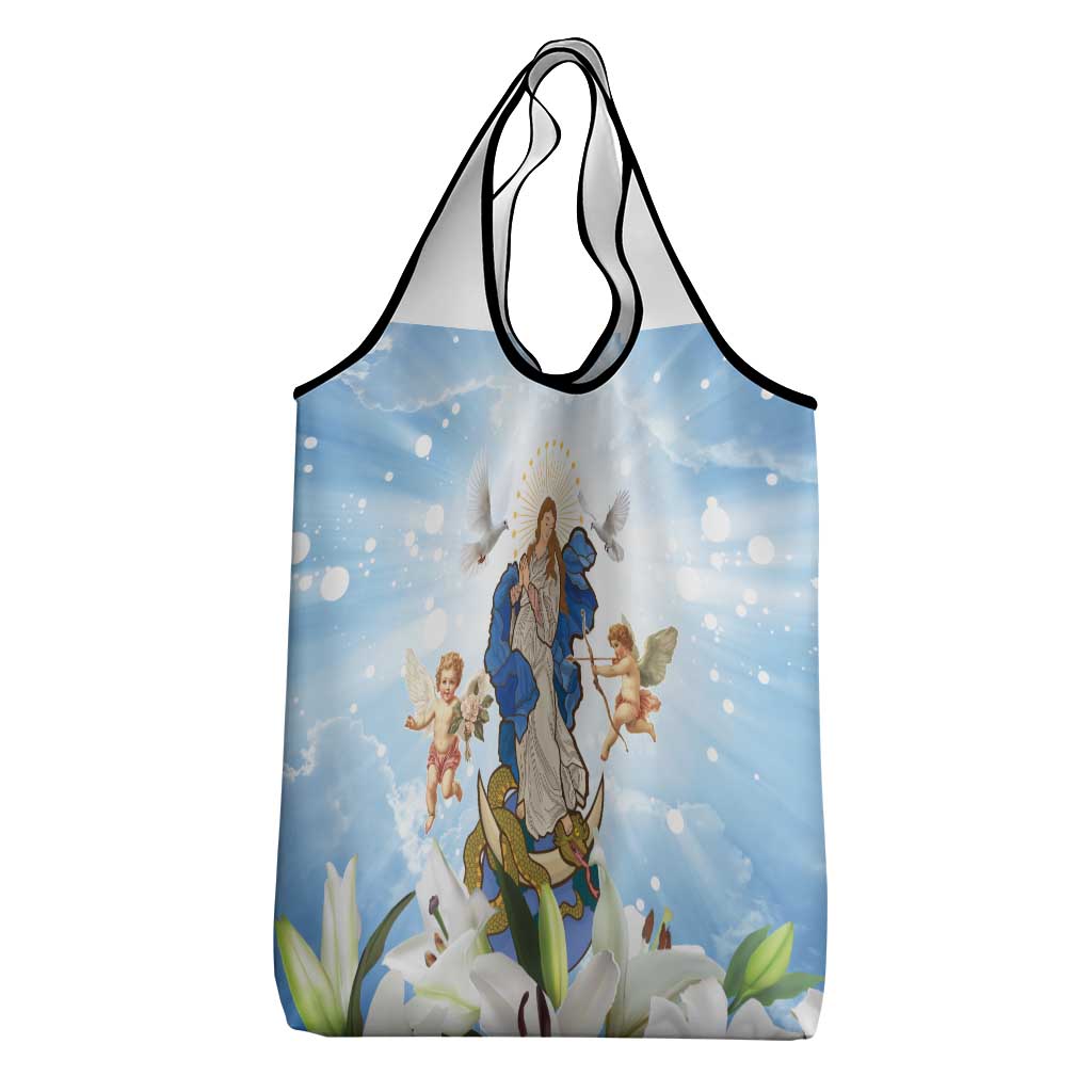 Italy Immaculate Conception Feast Day Grocery Bag Virgin Mary with Cross And Lily Flower - Wonder Print Shop