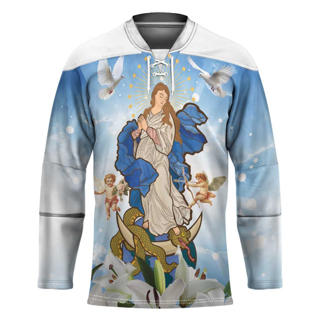 Italy Immaculate Conception Feast Day Hockey Jersey Virgin Mary with Cross And Lily Flower - Wonder Print Shop