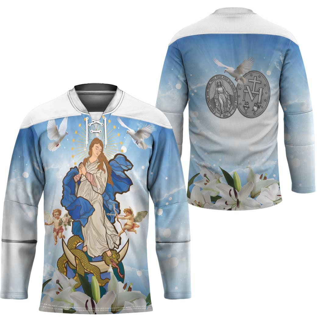 Italy Immaculate Conception Feast Day Hockey Jersey Virgin Mary with Cross And Lily Flower - Wonder Print Shop