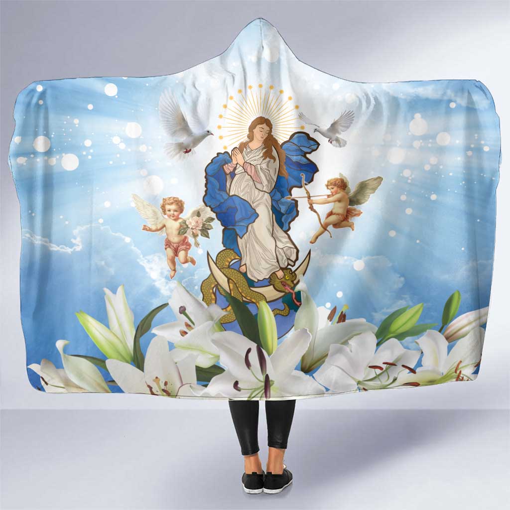 Italy Immaculate Conception Feast Day Hooded Blanket Virgin Mary with Cross And Lily Flower - Wonder Print Shop