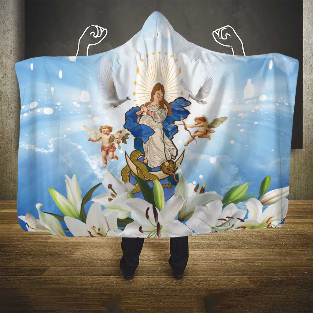 Italy Immaculate Conception Feast Day Hooded Blanket Virgin Mary with Cross And Lily Flower - Wonder Print Shop