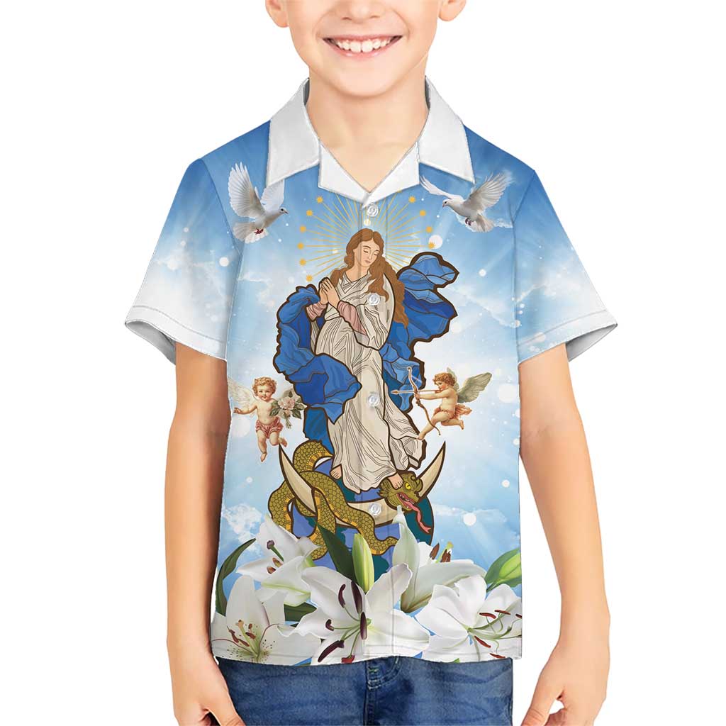 Italy Immaculate Conception Feast Day Kid Hawaiian Shirt Virgin Mary with Cross And Lily Flower LT19