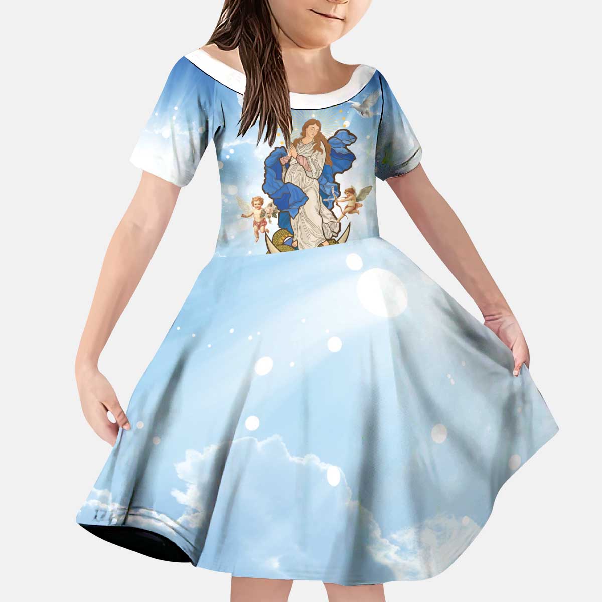 Italy Immaculate Conception Feast Day Kid Short Sleeve Dress Virgin Mary with Cross And Lily Flower LT19
