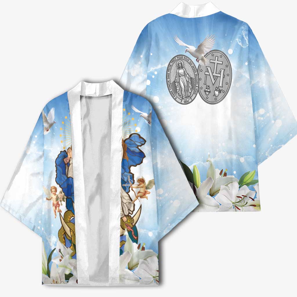 Italy Immaculate Conception Feast Day Kimono Virgin Mary with Cross And Lily Flower - Wonder Print Shop