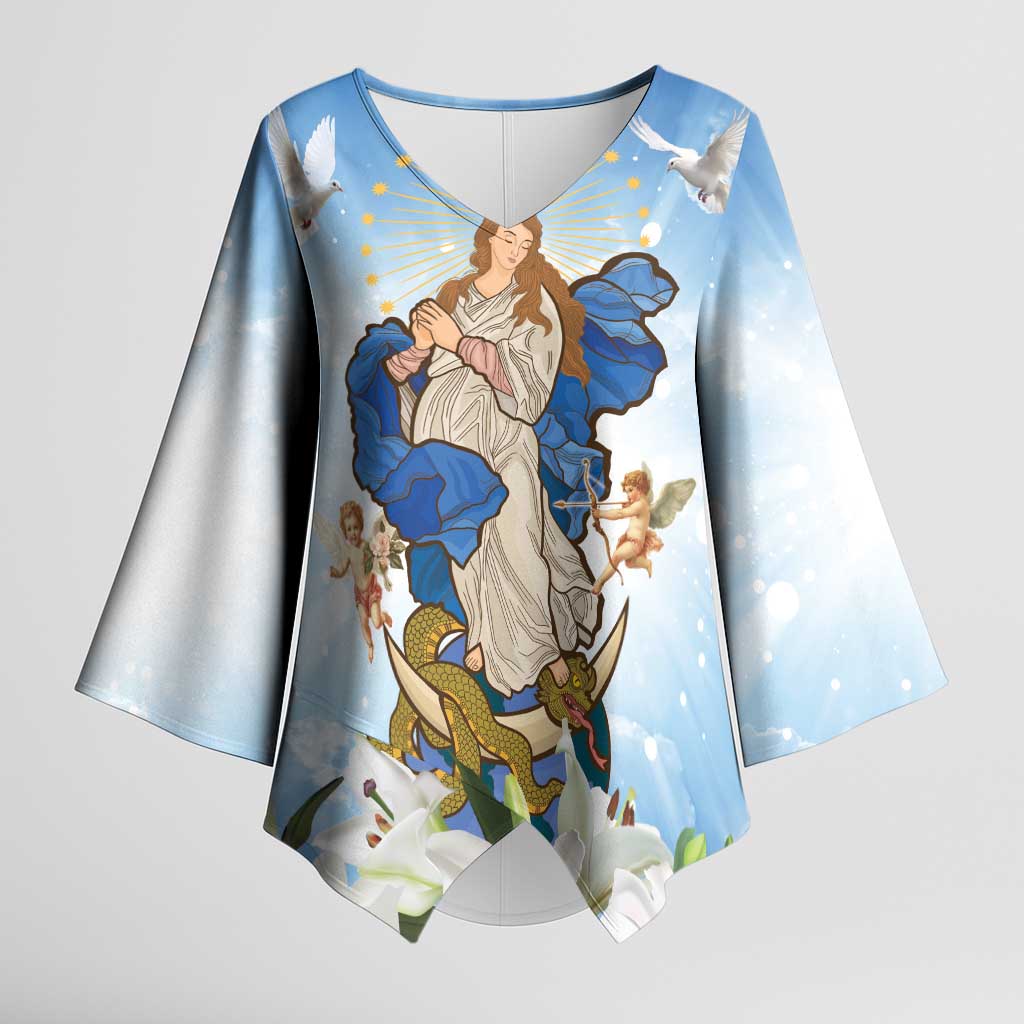 Italy Immaculate Conception Feast Day Kimono Sleeve Blouse Virgin Mary with Cross And Lily Flower - Wonder Print Shop