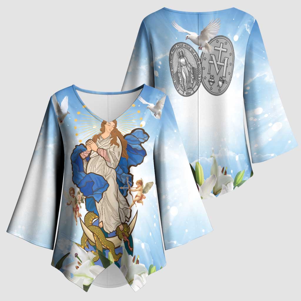 Italy Immaculate Conception Feast Day Kimono Sleeve Blouse Virgin Mary with Cross And Lily Flower - Wonder Print Shop