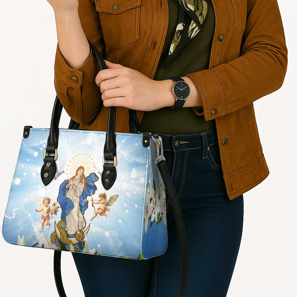Italy Immaculate Conception Feast Day Leather Bag Virgin Mary with Cross And Lily Flower - Wonder Print Shop