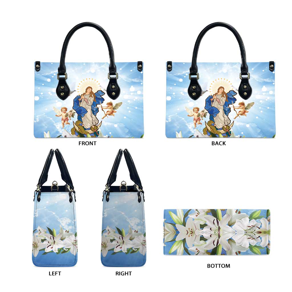 Italy Immaculate Conception Feast Day Leather Bag Virgin Mary with Cross And Lily Flower - Wonder Print Shop