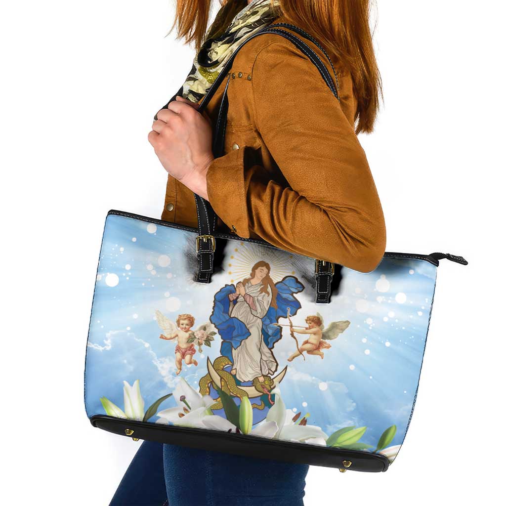 Italy Immaculate Conception Feast Day Leather Tote Bag Virgin Mary with Cross And Lily Flower - Wonder Print Shop