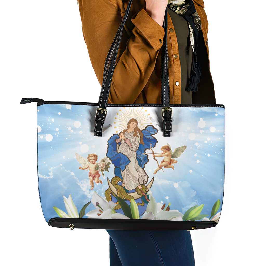 Italy Immaculate Conception Feast Day Leather Tote Bag Virgin Mary with Cross And Lily Flower - Wonder Print Shop