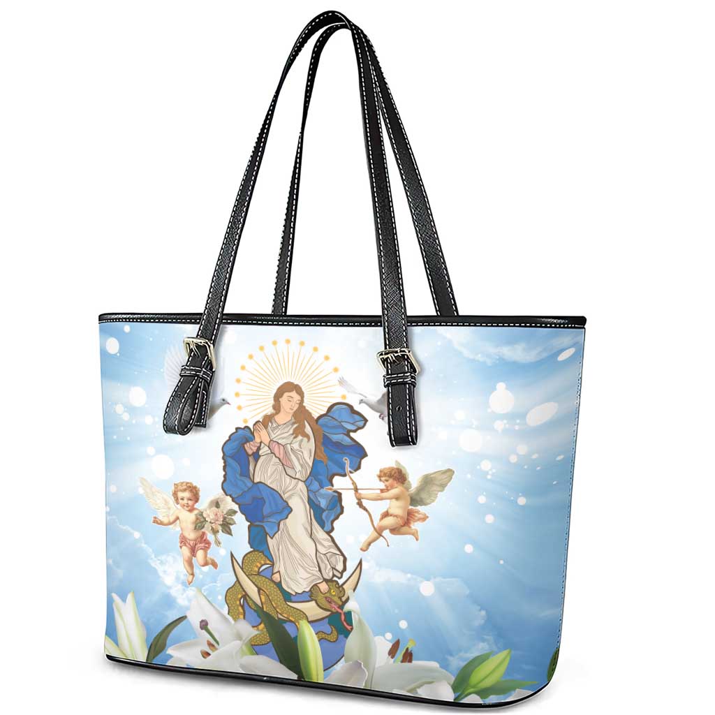 Italy Immaculate Conception Feast Day Leather Tote Bag Virgin Mary with Cross And Lily Flower - Wonder Print Shop