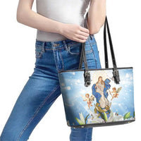 Italy Immaculate Conception Feast Day Leather Tote Bag Virgin Mary with Cross And Lily Flower - Wonder Print Shop